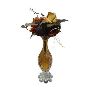 Vintage Glass Pumpkin Floral Amber Glass Arrangement Farmhouse Centerpiece 12.5"